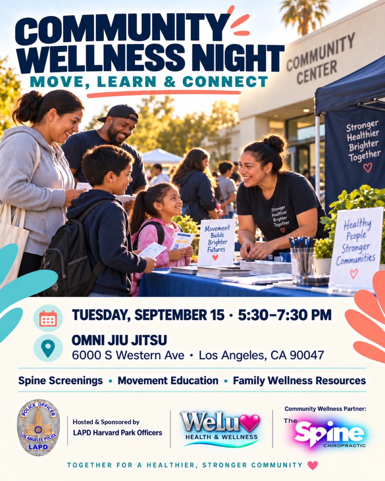 Community Wellness Night flyer with event time, location, and community wellness partners